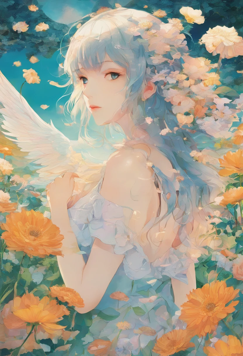 there is a poster of a woman walking through a field of flowers from far angle , . digital art, by Marshall Arisman, cover illustration, , book cover illustration, by Brigette Barrager, album cover, novel cover art for a book, art concept for a book cover, cover art, official fanart, romance book cover style, by Ayami Kojima, mazarineee, album art, album cover!, aquamarine, the album is called tripmachine, detailed fanart, detailed photo of an album cover