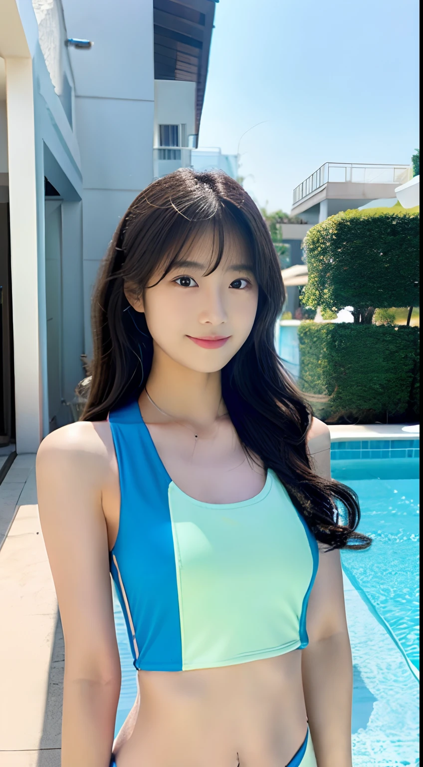 Top image quality、masuter piece、tiny chest、Girl in school swimsuit、is standing、fully body photo:1.4