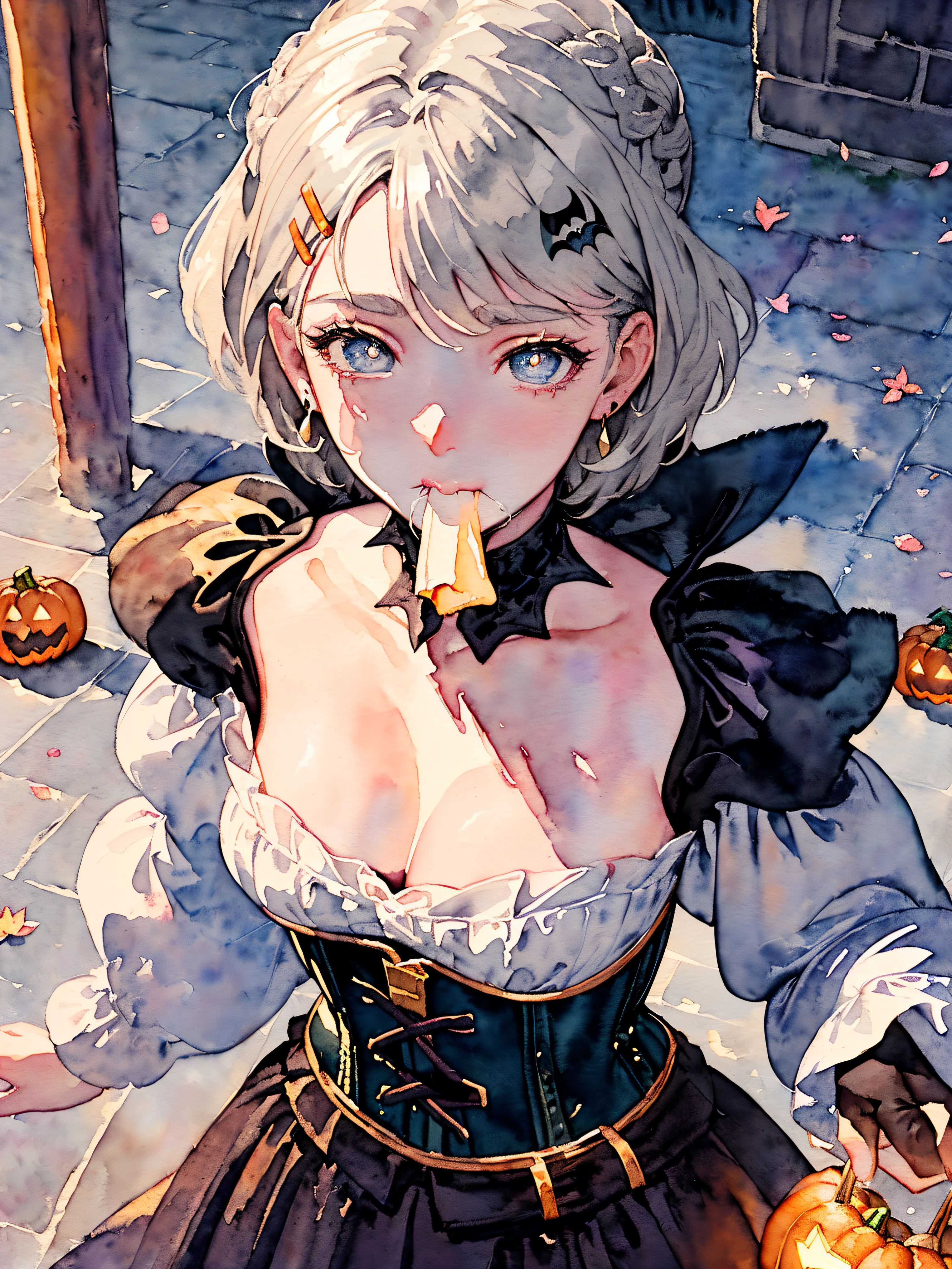 (((((((holloween theme,watercolor paiting，scary gothic dress,long sleeves,grey hair,puff sleeves,mouth drool，corset)))))))，((1lady,adorable korean mixed race of Saudi Arabia girl，rosto magro，Solo,))(Masterpiece,Best quality, offcial art, Beautiful and aesthetic:1.2),((超高分辨率,Golden ratio,)) (16k),((Cobblestone face，from above，milf,busty,pumpkin,pumpkin light)),(Physically-based rendering),Amazing,Sharp focus, (((highdetailskin,))),Intricately detailed clothing，hair cover eyebrows,Delicate pupils,danfeng eye,((((detailed hair|short hair|Shaggy cut|Long bold side bangs|Sleek cut|Voluminous updo|Undercut)))),Slender,(masterpiece sidelighting),(The sheen),(beautiful hair,beautiful eyes,）[[Delicate fingers and hands:0.55]::0.85],(Detail fingers),(((Superior quality,)))),((unbelievable Ridiculous,)),((extremely_Detailed_Eyes_and_face)),Movie girl,(Dynamic configuration: 1.2),Brilliant,Beautiful woman, (Photorealistic), sailor dress,( maple leaf, ), mitts, triangle earrings, ((hairclip)), Light particles, view the viewer,  petals, Side Rock,, two-sided fabric