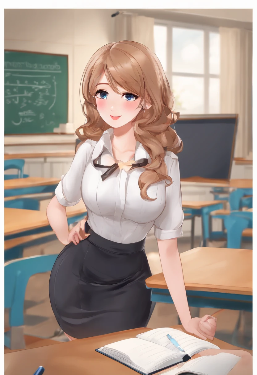 (bright lighting),(best quality,4k,8k,highres,masterpiece:1.2),blackboard,homework,classroom,educational tools,(professional,realistic) teacher,student desks,(vivid colors),(short skirt),(flirty,sexy) pose,(detailed) stockings,(attractive) high heels,confident expression,blouse,bra strap,naughty smile,passionate teaching,(provocative,alluring) gaze,books,pen and paper,discipline,learning environment,interactive teaching,(intense,stimulating) atmosphere,explaining concepts,engaged students,teacher's desk,eye-catching visuals