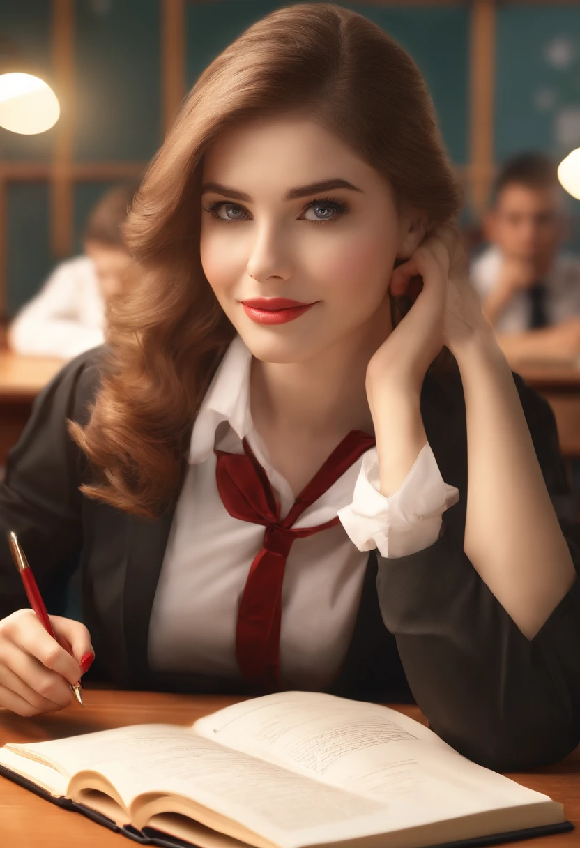 (bright lighting),(best quality,4k,8k,highres,masterpiece:1.2),blackboard,homework,classroom,educational tools,(professional,realistic) teacher,student desks,(vivid colors),(short skirt),(flirty,sexy) pose,(detailed) stockings,(attractive) high heels,confident expression,blouse,bra strap,naughty smile,passionate teaching,(provocative,alluring) gaze,books,pen and paper,discipline,learning environment,interactive teaching,(intense,stimulating) atmosphere,explaining concepts,engaged students,teacher's desk,eye-catching visuals
