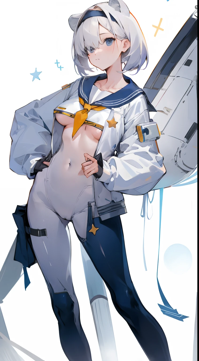 Leakage out of the collarbone，Neck leakage，Star decoration，stand posture，standing straight，there is a woman in a sailor suit posing for a picture，white backgrounid，boobgasm