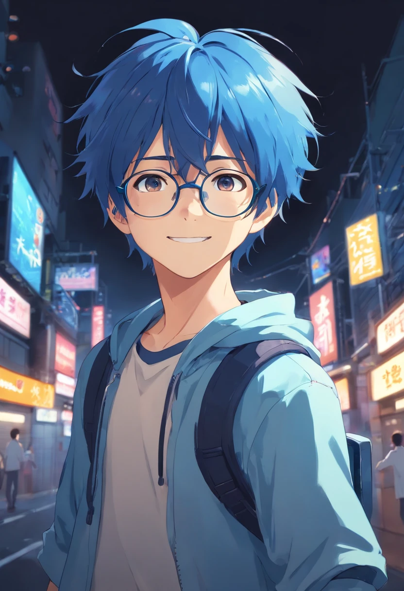 boy,with glasses,dark background,blue hair,crazy gamer,scared smile,to steam profile