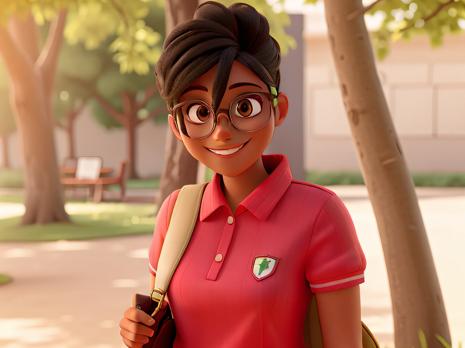 full body woman smiling wearing glasses with trees in the background