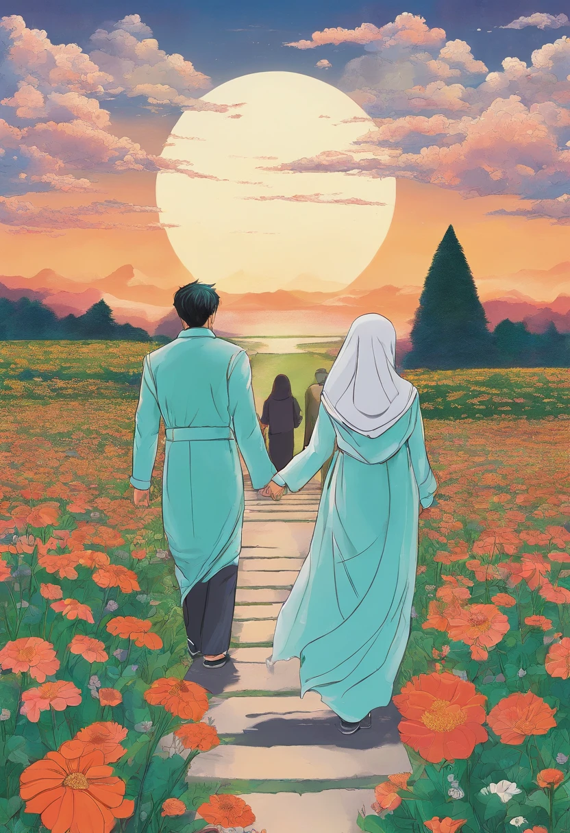 there is a poster of a man and a hijab woman walking through a field of flowers from far angle behind, . digital art, by Marshall Arisman, cover illustration, , book cover illustration, by Brigette Barrager, album cover, novel cover art for a book, art concept for a book cover, cover art, official fanart, romance book cover style, by Ayami Kojima, mazarineee, album art, album cover!, aquamarine, the album is called tripmachine, detailed fanart, detailed photo of an album cover