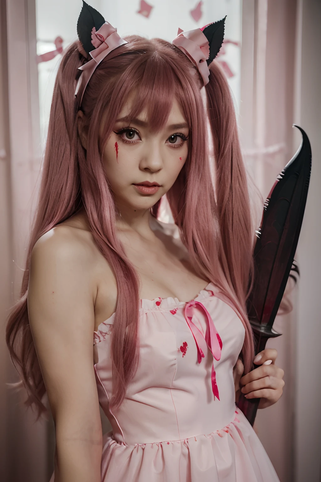 cute long pink-haired woman, with a coquette little pink dress with ribbons and fully covered in blood, pink eyes and a pink bat full of nails and pink ribbons, jelly makeup look, asian, killer girl