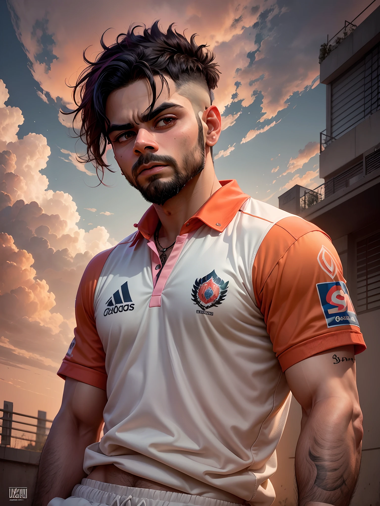 Virat Kohli, the maestro of cricket, stands amidst a breathtaking sunset, the sky painted in shades of orange and pink, as he prepares for a legendary innings, artwork in the style of Vladmir Kush and James Jean, masterpiece, ultra realistic, --auto --s2