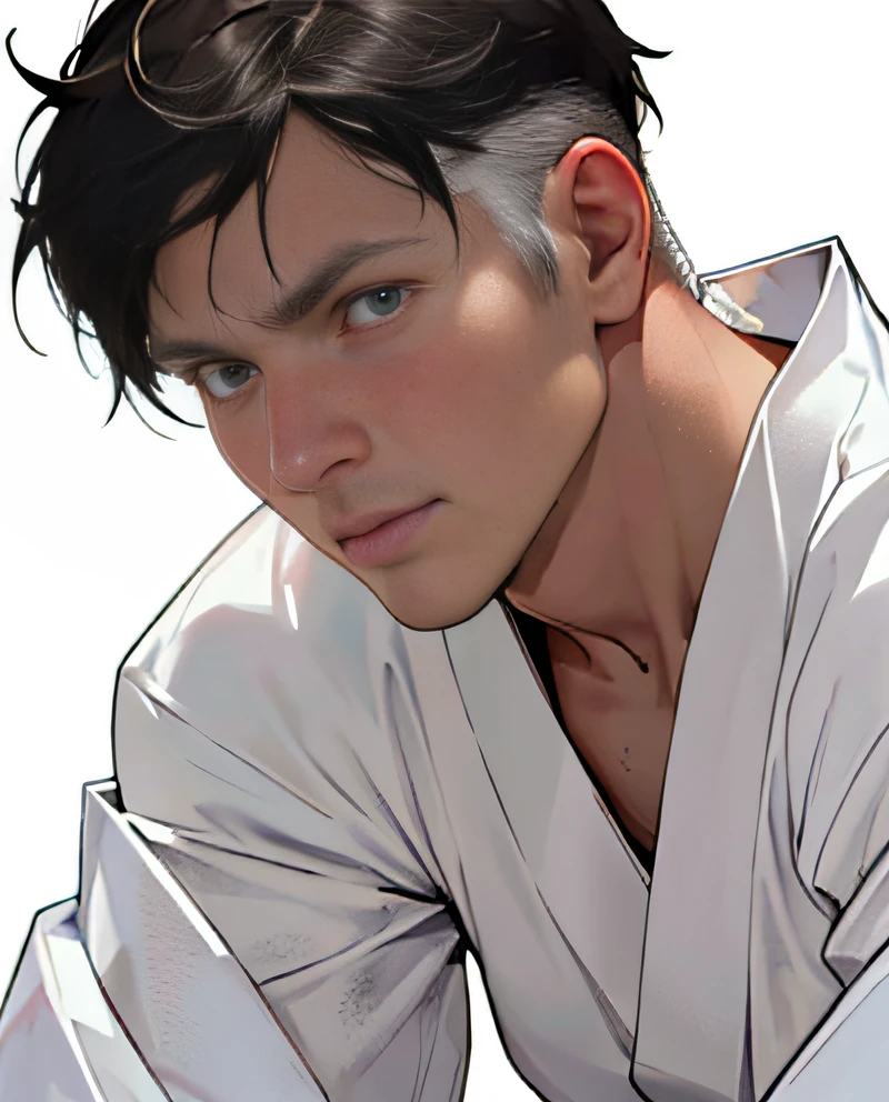 ember, male people, youthfulness, japanes, (White background, Solid white background:1.5), (Realistic:1.2), (masterpiece:1.2),(cowboy shot:1.2), (Detailed face:1.2), (FULL BODYSHOT:1.2), Detailed eyes, (Natural lighting:1.2), Solo, Normcore Fashion, Modern, A dark-haired, Black eye, gentle,