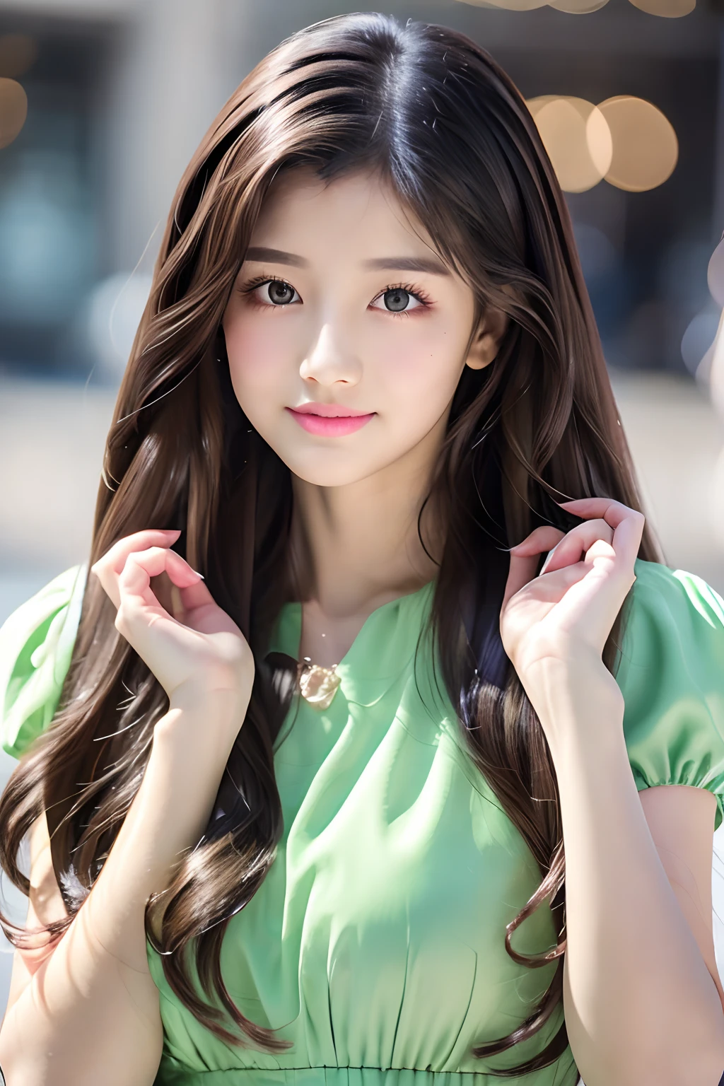 wavy and long hair, Black hair, 1girll, Brown eyes, Command hands with two hands, Pink lips, Pale green dress,