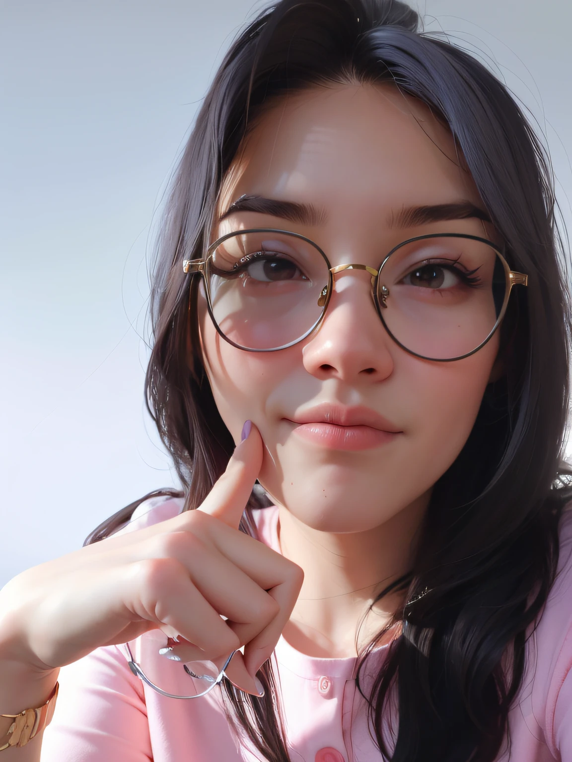 there is a woman with glasses on posing for a picture, wearing small round glasses, with glasses, spectacled, wearing thin large round glasses, wearing gold glasses, with glasses on, with round cheeks, 8k selfie photograph, wearing round glasses, with serious face expression, with square glasses, clear cute face, bored expression, selfie shot straight on angle