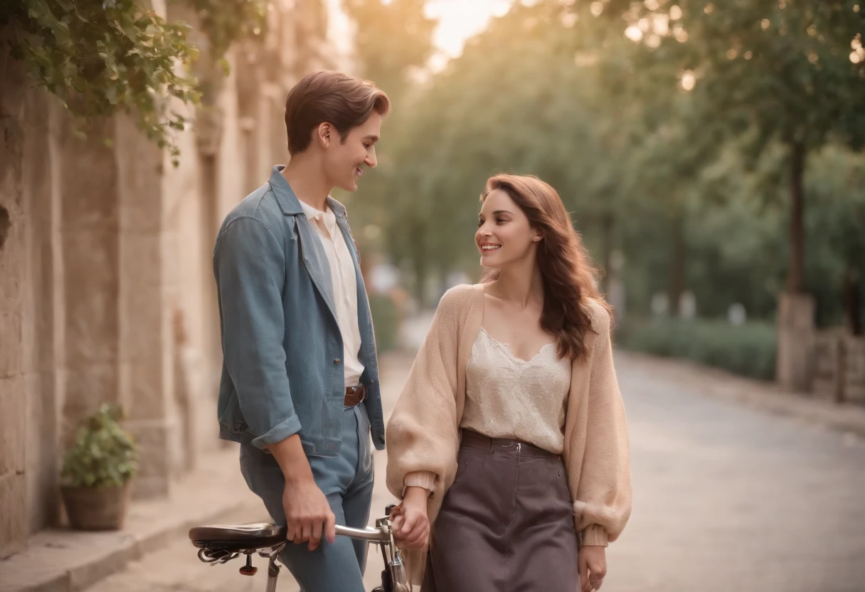 nostalgic, romantic, young couple, holding hands, bicycle ride, street scene, old buildings, vintage fashion, love letter, cassette tape, walkman, sunset, park bench, shy smiles, secret rendezvous, handwritten notes, sweet gestures, gentle touch, stolen glances, heartfelt conversations, first love, innocence, passion, simplicity, timeless, soft focus, warm colors, vintage filters, soft breeze, happy memories, hidden kisses, lingering hugs, simple pleasures, carefree, pure, genuine, love in the air, 80s soundtrack