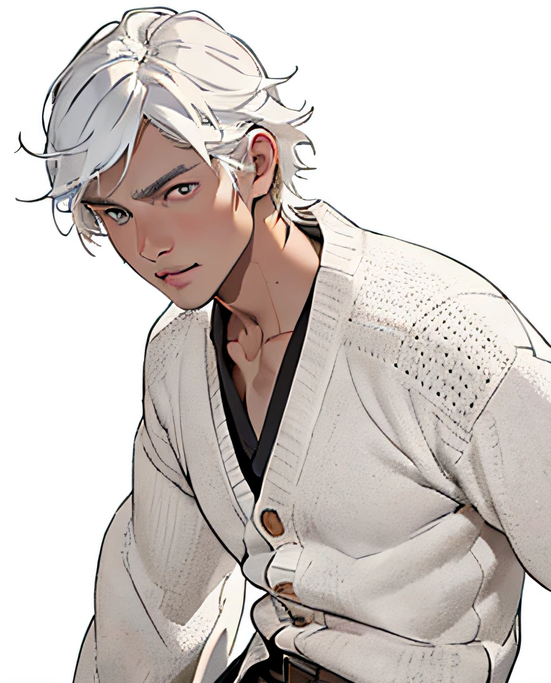 ember, male people, youth, japanes, (White background, Solid white background:1.5), (Realistic:1.2), (masterpiese:1.2),(cowboy shot:1.2), (Detailed face:1.2), (FULL BODYSHOT:1.2), Detailed eyes, (Natural lighting:1.2), Solo, cardigan, modern,