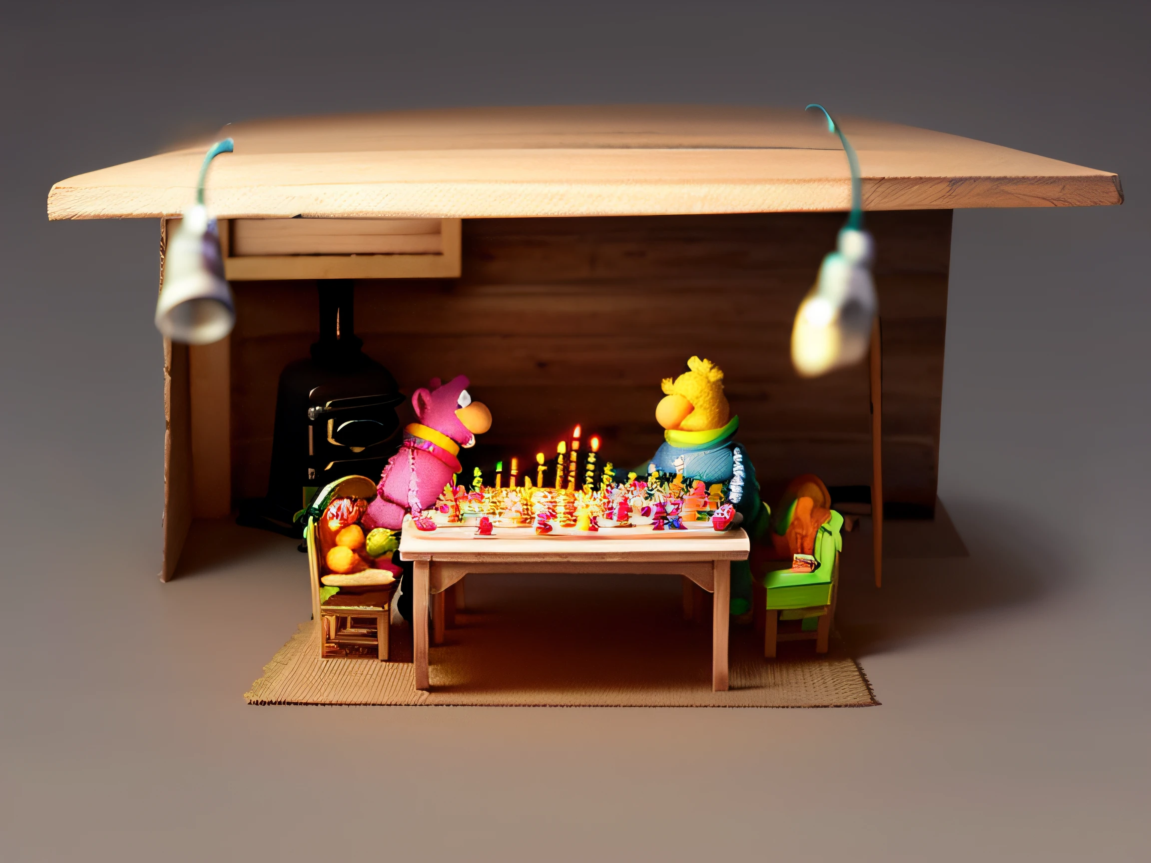 I need a good quality photo with Bert and Ernie, 《Sesame Street》Two characters in the series. Today is Bert's birthday,They gathered at home, A wooden house with a nice stove. You can see their home décor items in the background. In the middle of the photo there is a table,There was a birthday cake on the table. Please give them a retraction,Let the room in the background take up the entire space