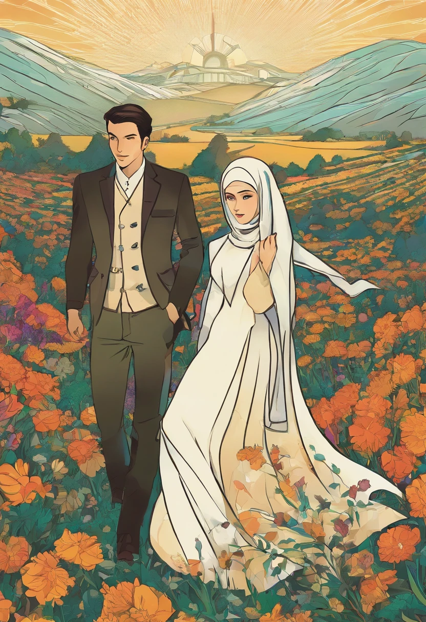 there is a poster of a man and a hijab woman walking through a field of flowers from far angle behind, . digital art, by Marshall Arisman, cover illustration, , book cover illustration, by Brigette Barrager, album cover, novel cover art for a book, art concept for a book cover, cover art, official fanart, romance book cover style, by Ayami Kojima, mazarineee, album art, album cover!, aquamarine, the album is called tripmachine, detailed fanart, detailed photo of an album cover