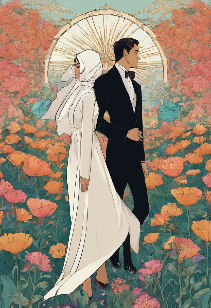 there is a poster of a man and a hijab woman walking through a field of flowers from far angle behind, . digital art, by Marshall Arisman, cover illustration, , book cover illustration, by Brigette Barrager, album cover, novel cover art for a book, art concept for a book cover, cover art, official fanart, romance book cover style, by Ayami Kojima, mazarineee, album art, album cover!, aquamarine, the album is called tripmachine, detailed fanart, detailed photo of an album cover