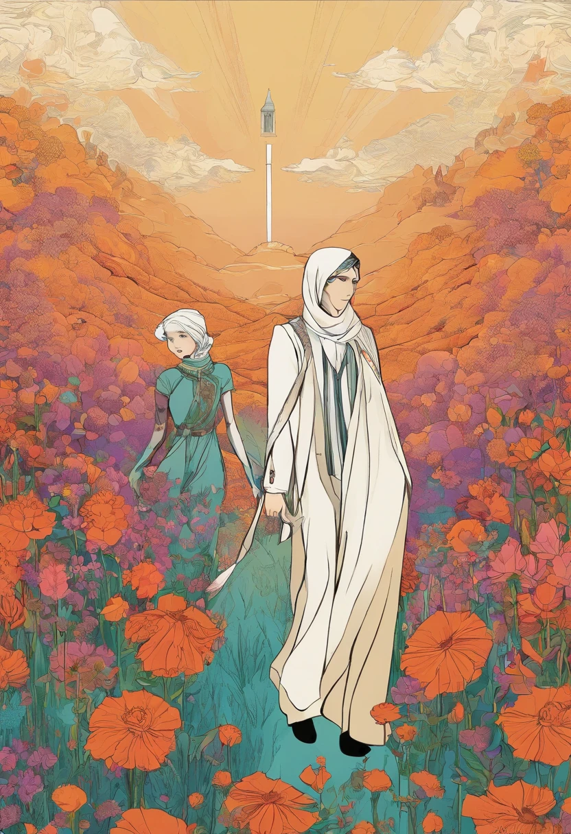 there is a poster of a man and a hijab woman walking through a field of flowers from far angle behind, . digital art, by Marshall Arisman, cover illustration, , book cover illustration, by Brigette Barrager, album cover, novel cover art for a book, art concept for a book cover, cover art, official fanart, romance book cover style, by Ayami Kojima, mazarineee, album art, album cover!, aquamarine, the album is called tripmachine, detailed fanart, detailed photo of an album cover