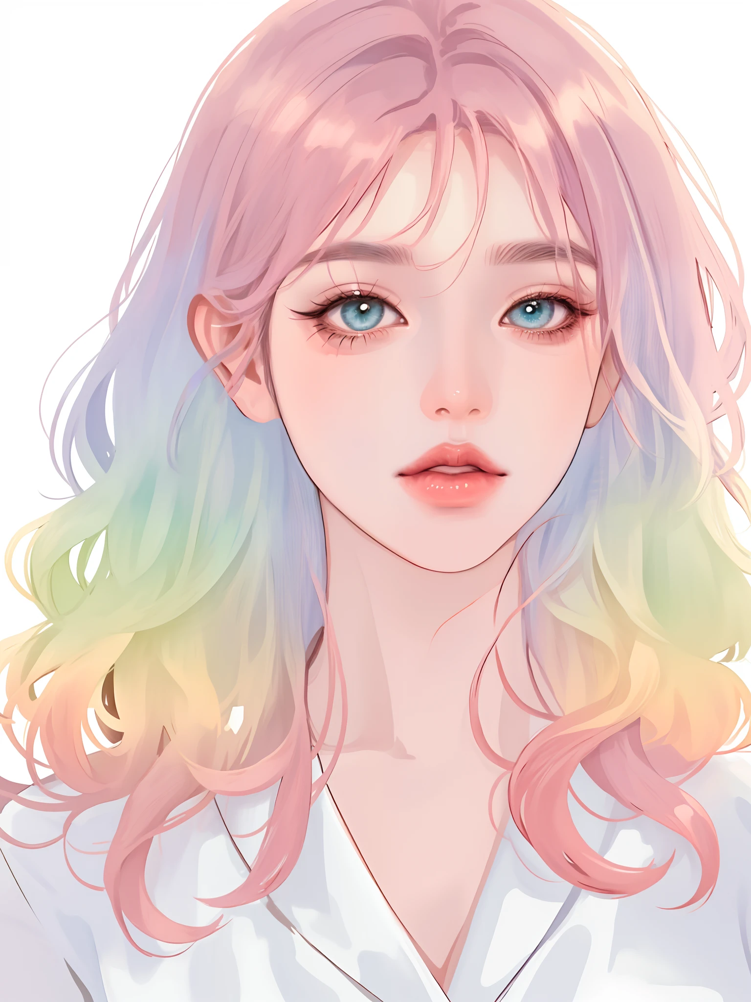 a beautiful girls wearing a white crop top, manhwa style, portrait, rainbow hair, big eyes, aegyo sal, rosy cheek, gradient lips, ultra realistic, anime style, hyperrealistic photography, white background,