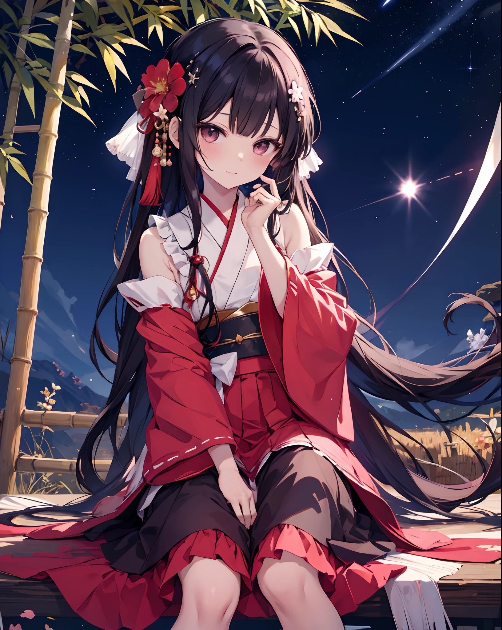 houraisan kaguya, 1girl, solo, red skirt, pink shirt, long sleeves, hair ornament, hair flower, wide sleeves, flower, black eyes, bamboo, feet out of frame, sitting, closed mouth, looking at viewer, night, star (sky), frilled sleeves, sky, night sky, starry sky, sidelocks, jeweled branch of hourai,