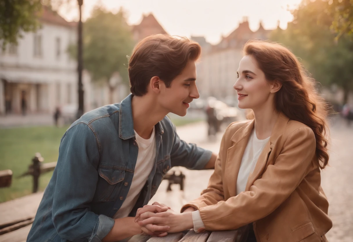 nostalgic, romantic, young couple, holding hands, bicycle ride, street scene, old buildings, vintage fashion, love letter, cassette tape, walkman, sunset, park bench, shy smiles, secret rendezvous, handwritten notes, sweet gestures, gentle touch, stolen glances, heartfelt conversations, first love, innocence, passion, simplicity, timeless, soft focus, warm colors, vintage filters, soft breeze, happy memories, hidden kisses, lingering hugs, simple pleasures, carefree, pure, genuine, love in the air, 80s soundtrack
