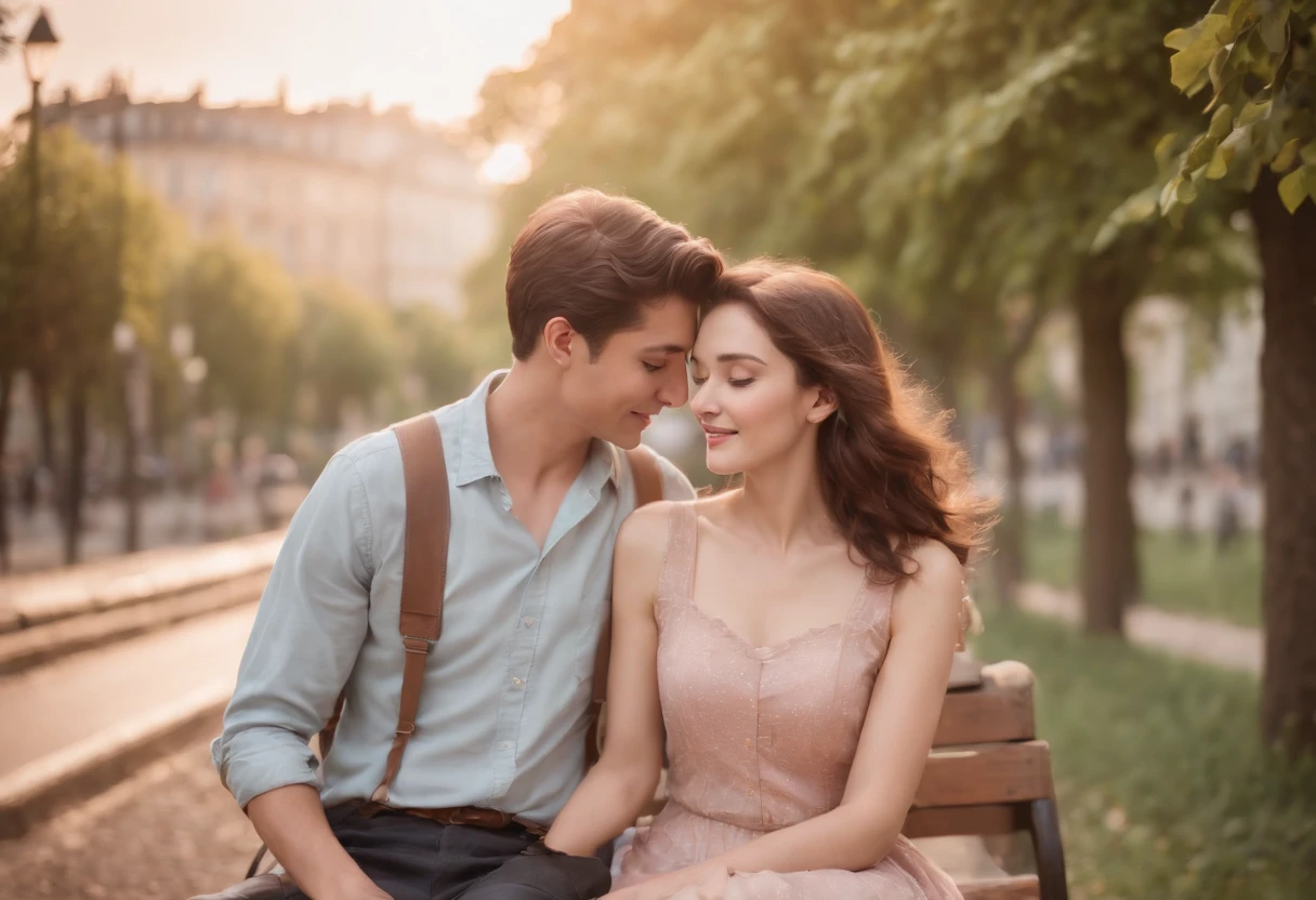 nostalgic, romantic, young couple, holding hands, bicycle ride, street scene, old buildings, vintage fashion, love letter, cassette tape, walkman, sunset, park bench, shy smiles, secret rendezvous, handwritten notes, sweet gestures, gentle touch, stolen glances, heartfelt conversations, first love, innocence, passion, simplicity, timeless, soft focus, warm colors, vintage filters, soft breeze, happy memories, hidden kisses, lingering hugs, simple pleasures, carefree, pure, genuine, love in the air, 80s soundtrack