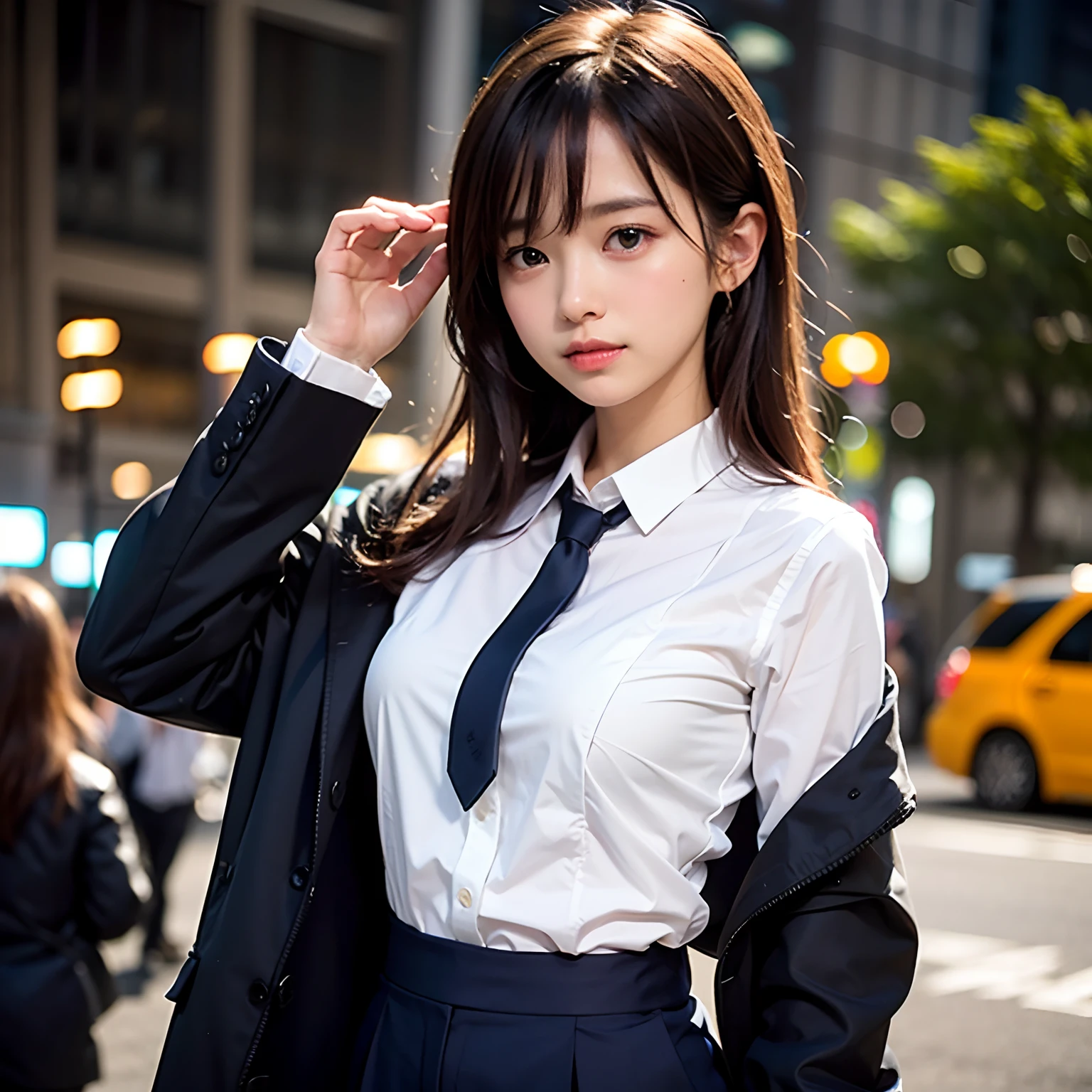1girl, (Best Quality:1.4), (Ultra-detailed), (extremely detailed beautiful face), Amazing face and eyes, black eyes, black hair, (school uniform, pleated skirt:1.3), extremely detailed CG unified 8k wallpaper, High-definition raw color photos, professional photograpy, dynamic lighting, depth of fields