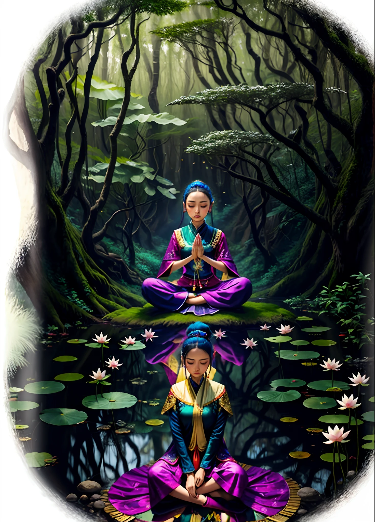 Uma mulher branca, fofa, com franjinha lateral, cabelo grande liso e castanho escuro,olhos castanhos, na floresta, usando roupas de magia, Meditating on Lotus, Magical forest environment, alta qualidade, estilo Disney.