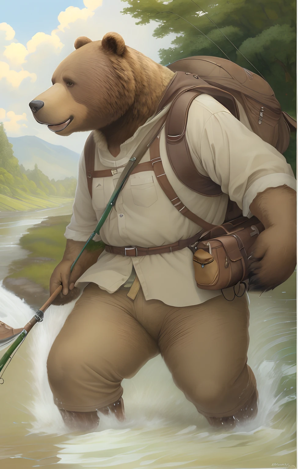 Painting by Jean-Baptiste Monge depicting a large brown bear, 真实感, Realism, Goes to Revbalka, He carries a fishing rod in his paws, paws Dressed in fishing boots, carries a bag of fishing tackle, On a summer day to the river , jean - baptiste monge, anthropomorphic --ar 2:3 --testp -optimistic;