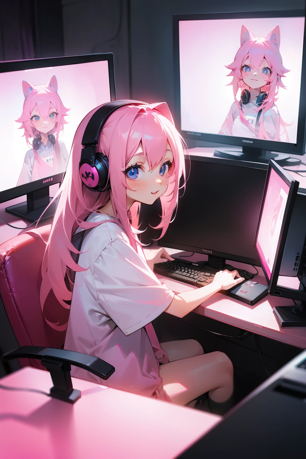 Long ash pink hair, random colored eyes, girl, happy, small, cute, big shirt, computer, gaming, rgb lights, headphones, computer bacground