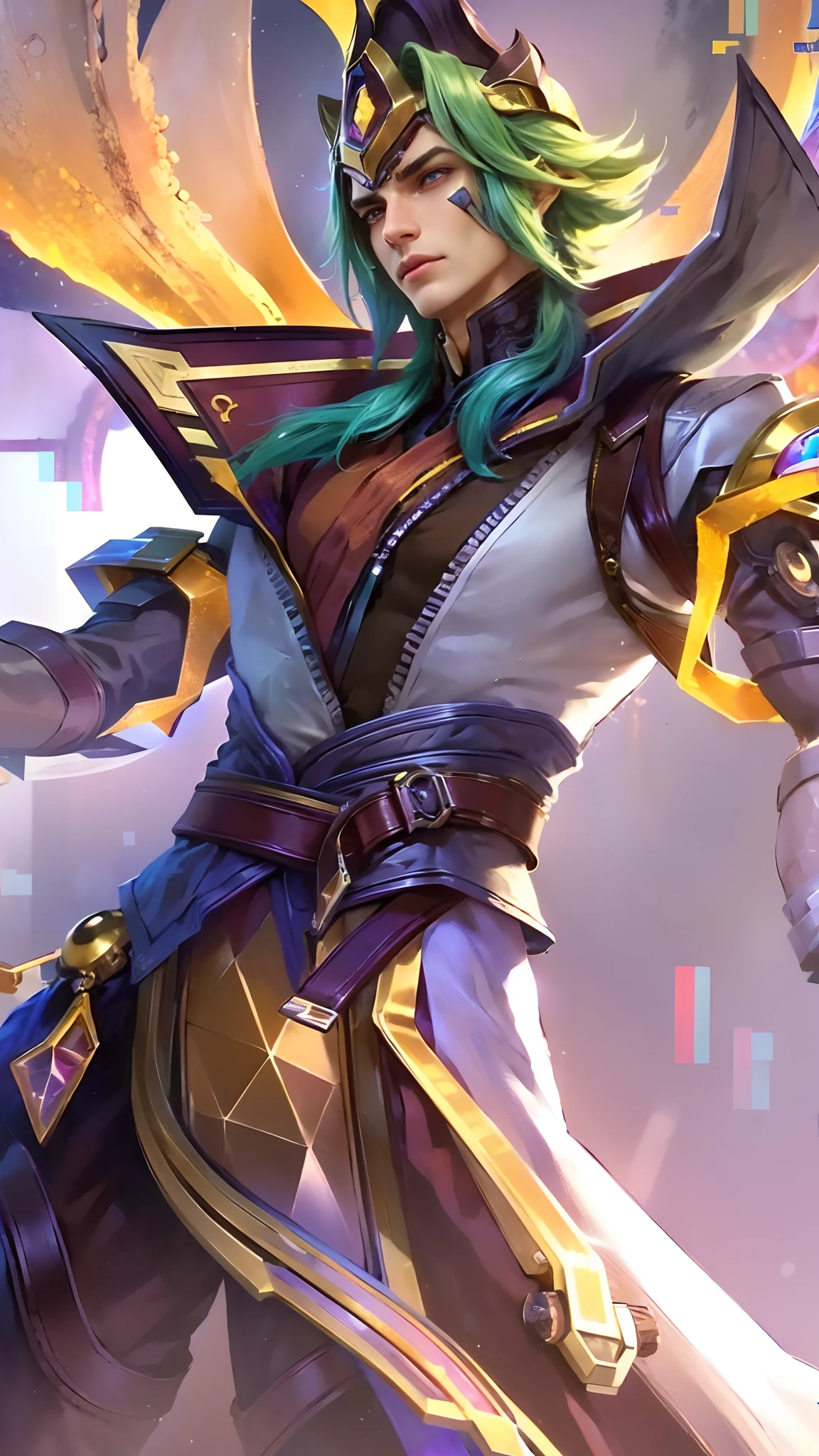 (Intricate Details, Masterpiece, Best Quality, High Resolution, 8k), (1man), (male:1.2), mature, dandy face, finely detailed eyes and face, toned body, masculine appeal, commanding presence, hot stud, bulging biceps and triceps, well-developed quadriceps and hamstrings, light skin, burgundy straight layered bangs hair, aquamarine eyes,  ornate details,  portrait, solo, half shot, looking down, detailed background, detailed face, (cogpunkai, cogpunk theme:1.1),  tech-mage,   [magic|technology], melding of spellcraft and advanced technology,  intricate [spellcasting clothes|mechanical gear], gear shaped glyphs,  ancient crystals,  [gears|ancient spell],  floating particles,  [innovative|enchanting] aura, high tech vehicle in background,   , finely detailed background, Depth of Field, VFX, young man and handsome