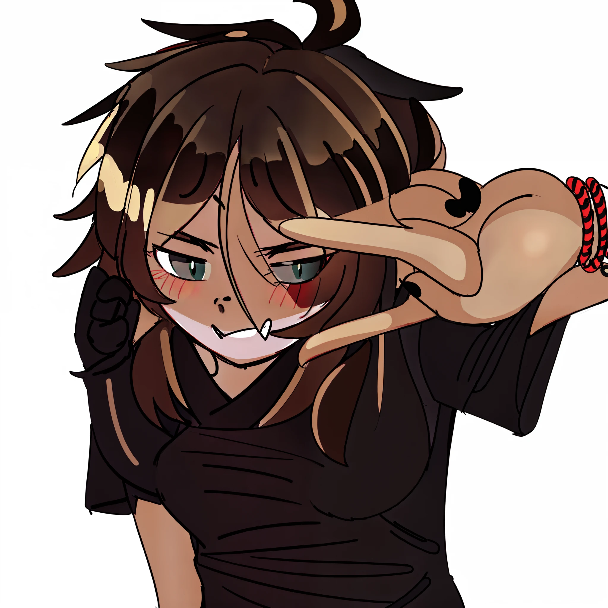 anime girl with black hair and piercings making a peace sign, with index finger, in an anime style, anime style”, in anime style, inspired by Awataguchi Takamitsu, anime style character, halfbody headshot, [[[[grinning evily]]]], dramatic smirk pose, portrait of ((mischievous)), cel shaded!!! 1girl, averi, black turtleneck sweater, orange fur, flat chest, white fur, serious, averi is going to say a slur white fur Red room