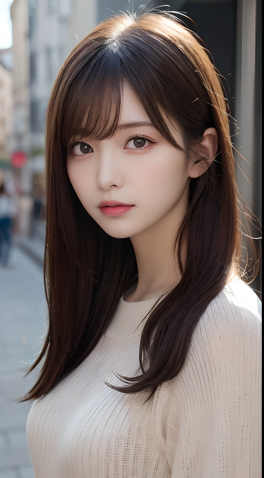 masutepiece, Best Quality, Illustration, Ultra-detailed, finely detail, hight resolution, 8K Wallpaper, Perfect dynamic composition, Beautiful detailed eyes, Long sleeve blouse,Dark brown hair color ,Small breasts, Natural Color Lip, Cute poses that men seem to like,Random situations,Slender body,Slender face,20 years girl,Background blur,harbour