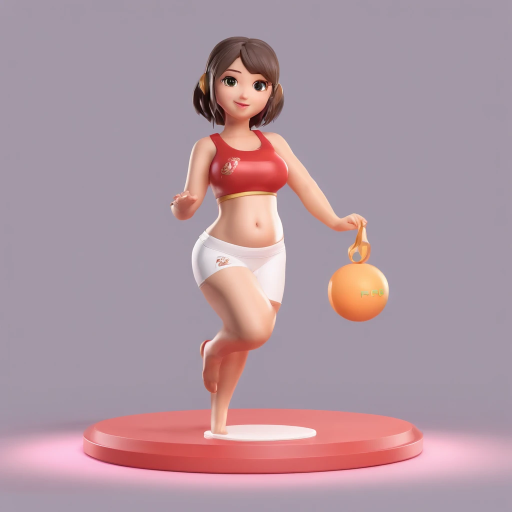 super cute girl IP by pop mart, Bright eyes, cherub, Clay, Models, a blind box toy, Glossy and delicate,Clean background, Good gloss, 3D rendering of,Best quality, extremely pregnant, white shirt, maroon yoga pants.