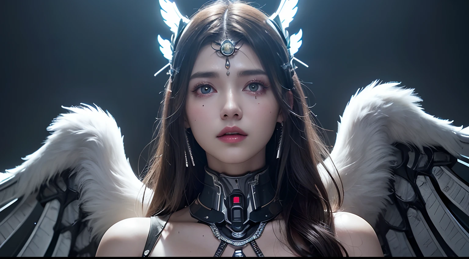 highest quality、masterpiece、ultra high resolution、(lifelike:1.4)、original photo、Robot Angel Battle、large wings made of metal、White porcelain body、Transparent acrylic cover、cana、glowing skin、1 chica ·、((Super realistic details))、Potrat、global illumination、shadow、Octane notation、8K、Super sharp、character rim light,huge 、Exposed skin on shoulders、intricate decorative details、Japan details、Hydraulic cylinder、small LED light、very intricate details、lifelike光线、a black eye、radiant eyes、in front of camera、Neon details、cowboy shooting、future helmet、About cyberpunk、、