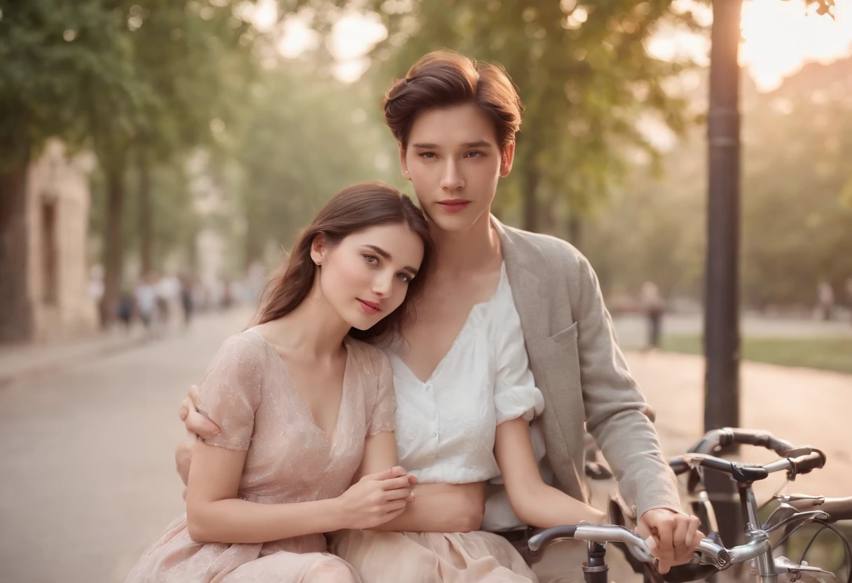 nostalgic, romantic, young couple, holding hands, bicycle ride, street scene, old buildings, vintage fashion, love letter, cassette tape, walkman, sunset, park bench, shy smiles, secret rendezvous, handwritten notes, sweet gestures, gentle touch, stolen glances, heartfelt conversations, first love, innocence, passion, simplicity, timeless, soft focus, warm colors, vintage filters, soft breeze, happy memories, hidden kisses, lingering hugs, simple pleasures, carefree, pure, genuine, love in the air, 80s soundtrack