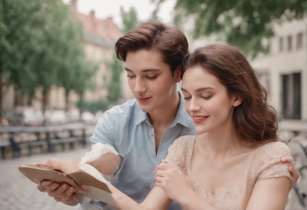 nostalgic, romantic, young couple, holding hands, bicycle ride, street scene, old buildings, vintage fashion, love letter, cassette tape, walkman, sunset, park bench, shy smiles, secret rendezvous, handwritten notes, sweet gestures, gentle touch, stolen glances, heartfelt conversations, first love, innocence, passion, simplicity, timeless, soft focus, warm colors, vintage filters, soft breeze, happy memories, hidden kisses, lingering hugs, simple pleasures, carefree, pure, genuine, love in the air, 80s soundtrack