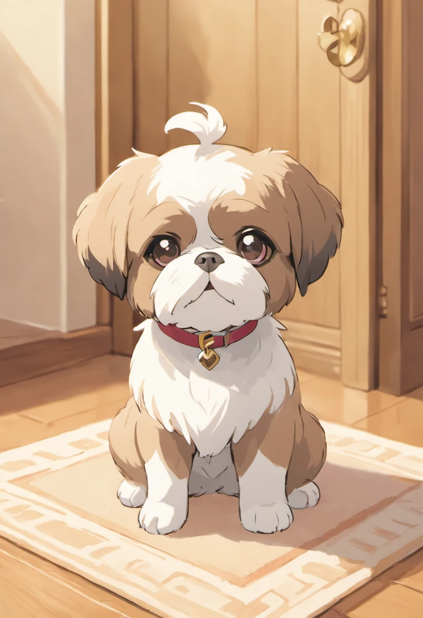 Generate a high-resolution image of a Shih Tzu dog sitting on a cream-colored rug with a geometric pattern. The dog has a distinctive short and stout body, with a round face, large, dark eyes, and a short snout. Its fur is white with light brown patches, particularly around the face and ears. The dog looks directly at the camera with a gentle and inquisitive expression. In the background, there's a pink metal pet gate and a glimpse of a room with wooden flooring and traditional decor. The lighting is warm and natural, suggesting an indoor setting during the daytime,Illustration style and cute character style