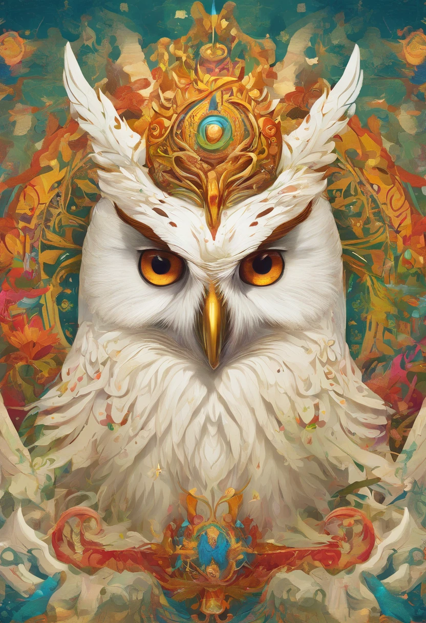 （Close-up of a pure white owl standing on a human shoulder），（Pure white owl：1.37），Pure white owl，Pure white owl，（Stand on Athena's shoulders），（Stand on the shoulder:1.37） The owl's face is round, （Big blue eyes：0.8）, very large eyes, short, Curved beak, short, Dense all-white feathers, Thick claws, Solid white， It is a unique and beautiful creature，The wonders and wisdom of nature are showcased ， （atenea：0.8），The eyes of the goddess were bright and large, Charming and majestic, Her facial contours are elegant and refined, The Greek nose is straight, Her hair is blonde or dark, Long and smooth, And her mouth is often pursed tightly, Show her determination and determination. Her skin is fair and flawless, ivory skin, Dignified and beautiful, Wear yours with a delicately embroidered dress, Wear a helmet crown in battle, In his right hand he holds a spear, In his left hand, He was holding a golden tassel in his hand, The image of Egis is characterized by a shining golden glow, He wore an olive branch on his head, Close-up of a symbol of peace, Close-up, Sony FE GM, surrealism, suprerralistic, hyper HD, Masterpiece, （Ancient Greek mythological stories）, Textured skin, Super detail, High details, High quality, Award-Awarded, optimum