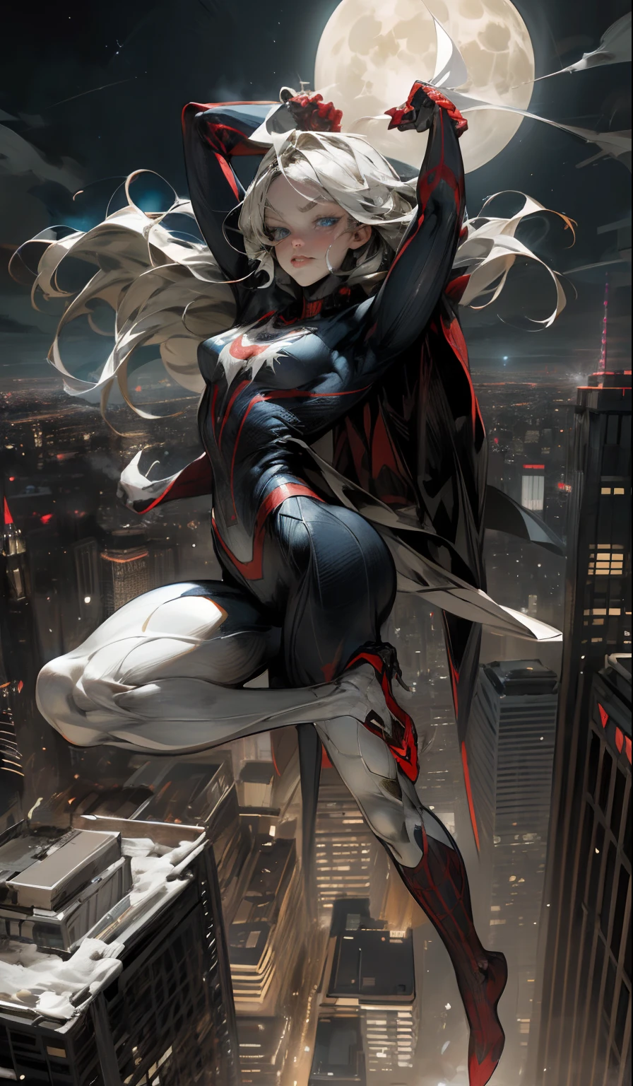 (Masterpiece, 4k resolution, ultra-realistic, very detailed), (White superhero theme, charismatic, there's a girl on top of town, wearing Spider-Man costume, she's a superhero), [ ((25 years), (long white hair:1.2), full body, (blue eyes:1.2), ((Spider-Man pose),show of strength, jumping from one building to another), ((sandy urban environment):0.8)| (cityscape, at night, dynamic lights), (full moon))] # Explanation: The Prompt mainly describes a 4K painting of ultra-high definition, very realistic, very detailed. It shows a superheroine at the top of the city, wearing a Spider-Man costume. The theme in the painting is a white superhero theme, the female protagonist has long white hair, is 25 years old and her entire body is shown in the painting. In terms of portraying the actions of superheroines, spiders are employed