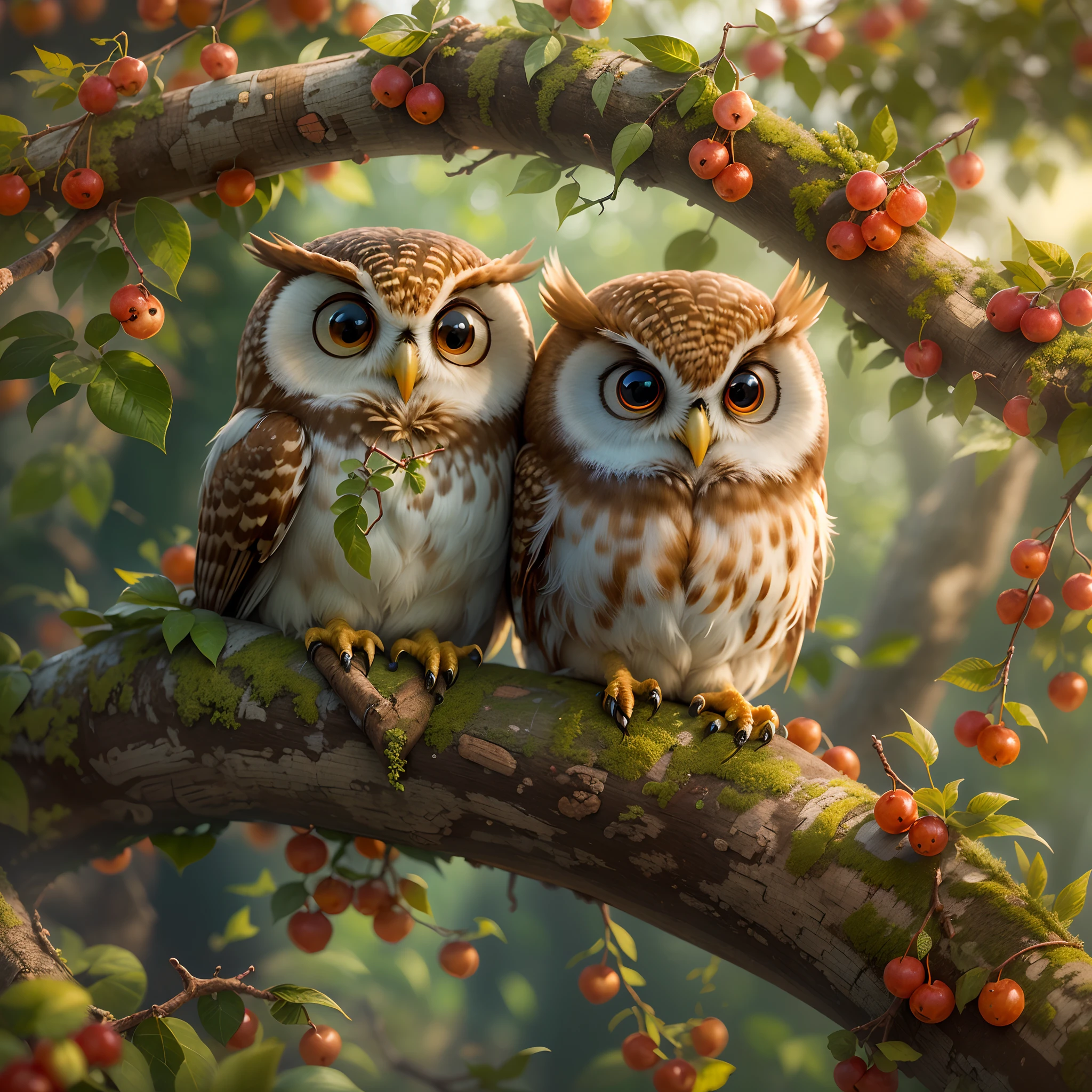 (Best quality,Ultra-detailed,Realistic:1.37),((Two cute owls,adorable expression,shocked,neck bowtie,)),perched on a sturdy branch,The elegant branches are covered with small red fruits,stare into the distance,Amazingly sharp focus,Illuminated by the warm golden sun,Set against the backdrop of lush greenery.