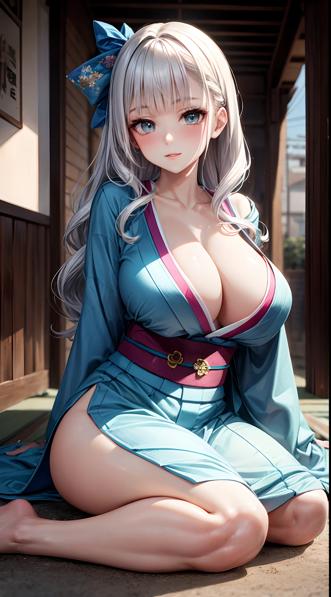 realisitic、top-quality, 1woman, silver wavy hair, blunt bangs, ((light blue kimono costume)) big breasts, wariza