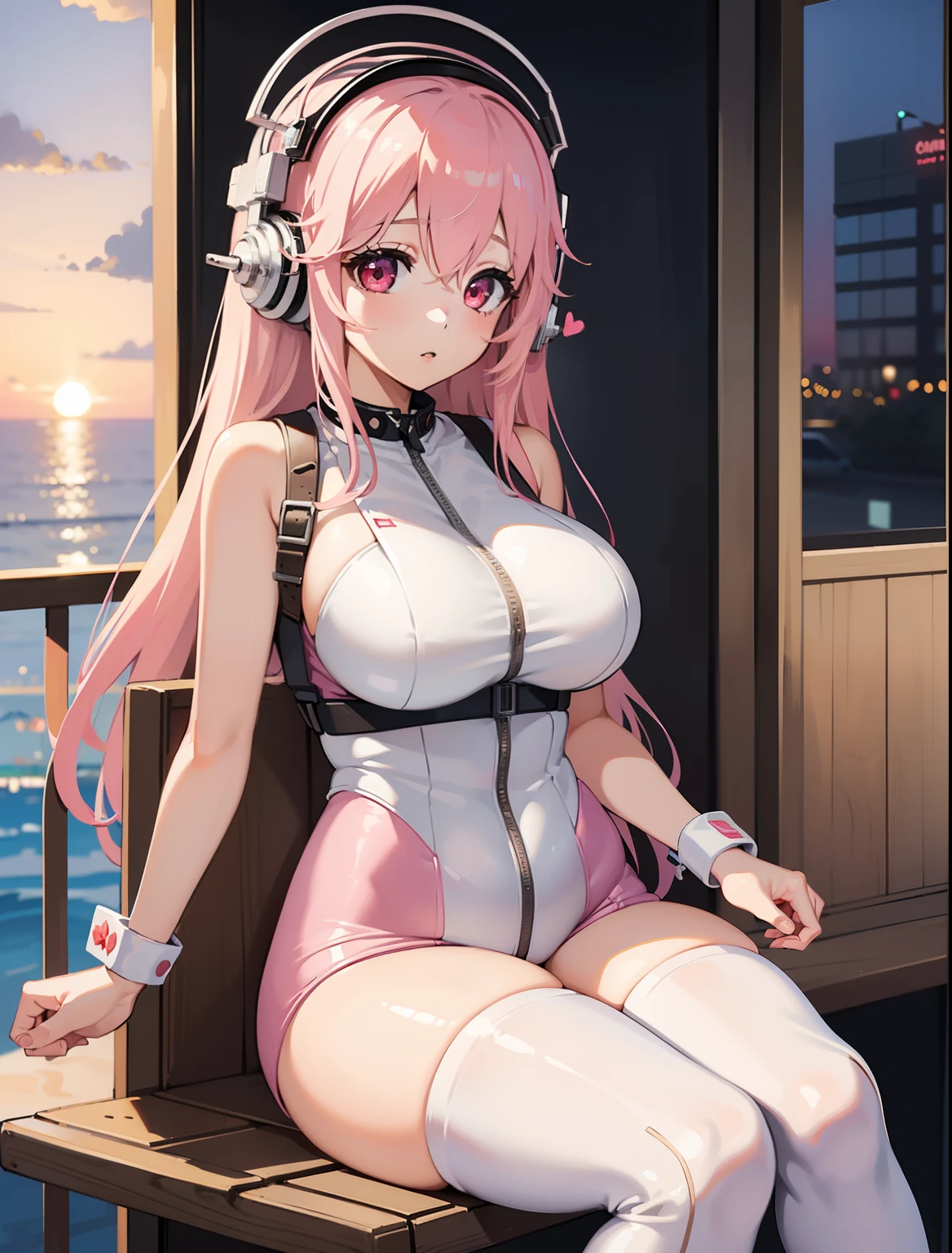 an attractive woman, naked girl, super sonico, solo, happy face, pink short bob hair, long breasts, huge breasts, Pose that shows off the armpits, raise her elbows higher than her head, open her legs wide, half sitting posture, siting on a white beach ball, large hip, navel, blush, spread legs, dark red eyes, looking at viewer, cleavage, Laughter, white bikini, Both elbows are higher than the head ,whole body, No artifacts, only sea waves and vivid sunset horizon background, Plump, Backlit, vivid pink  shadow, vivid purple shadow, the body from the side, raise her heels, Composition looking down from the head from a close distance, fisheye lens effect, Fill the screen from head to toe, put your toes in the screen