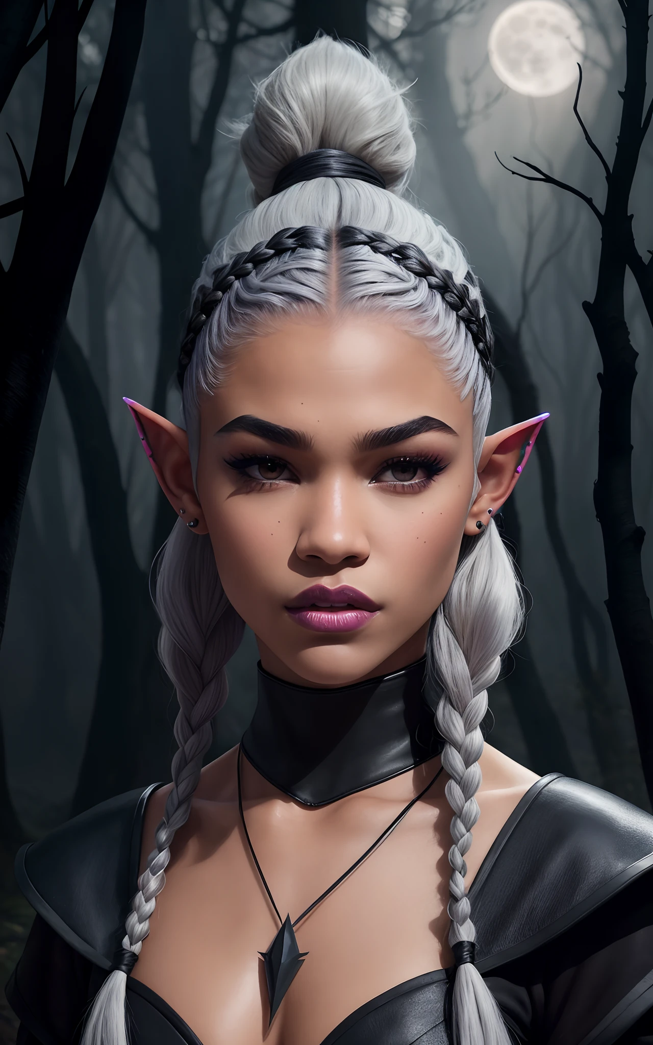 (Dark elf witch), the face of zendaya:Dua lipa, pointy ears, grey skin, white hair, (high top fade haircut), (one braid in one side of the head), masterpiece, dark forest in the background, fog, in the night, full moon ligth, 8k, detailed digital art.