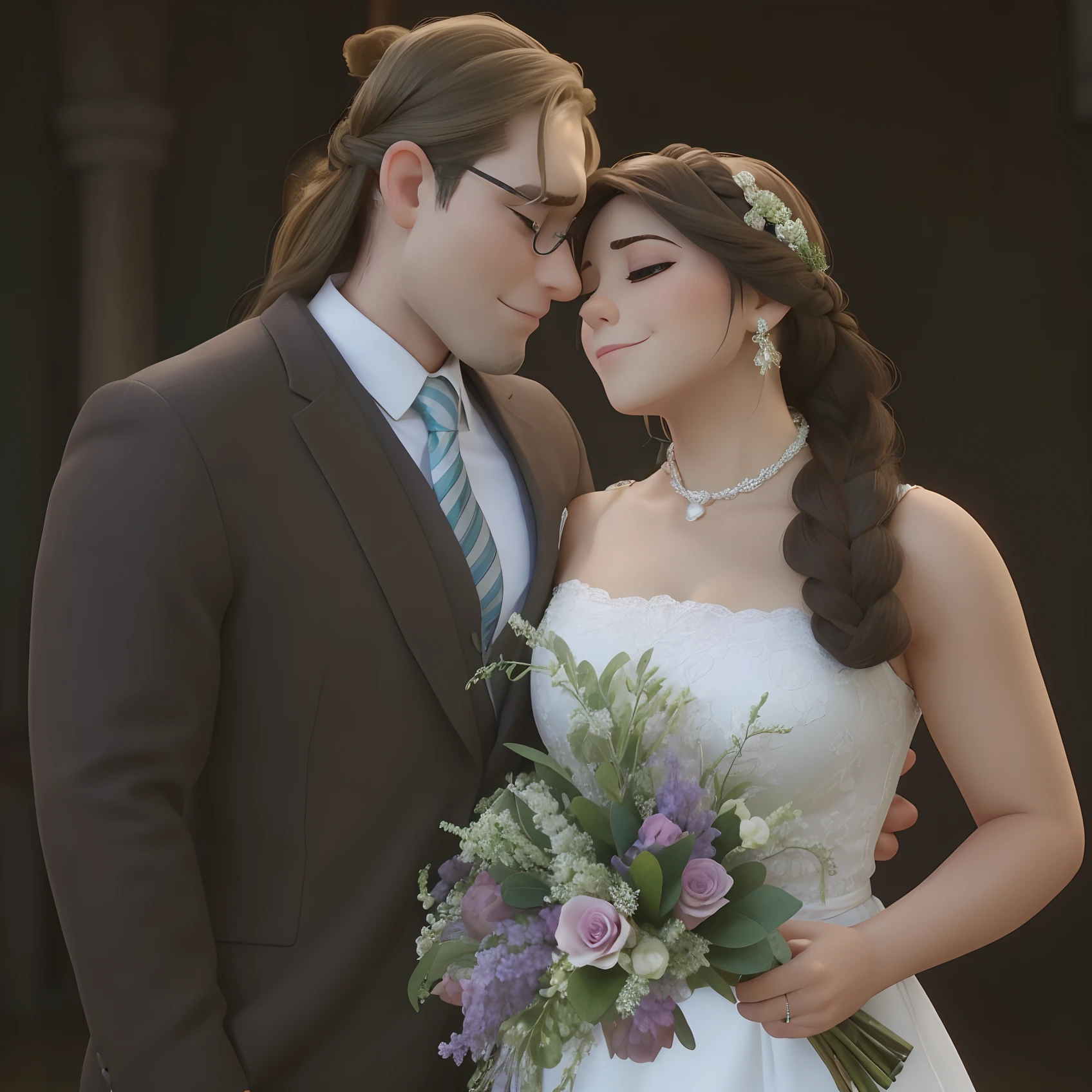 Um casal no dia do casamento. A mulher, vestida de noiva, com um vestido branco estilo ombros livres, hair stuck in braid, pontos de luz no cabelo, cabelo castanho claro com alguns detalhes azul turquesa, pele clara e maquiagem bonita, Eyes are closed, brinco delicado comprido prata com pedras de diamante e colar gargantilha delicado do mesmo estilo, In the right hand a bouquet of flowers with some lilac and white roses and other green plants; o homem bonito vestido de terno escuro com blusa branca e um colete escuro, Gray tie and small gray handkerchief in suit pocket, cabelo castanho um pouco comprido, parte preso em um coque e parte solta, oculos de grau discreto no rosto. Os dois estao de testas encostadas, o homem do lado esquerdo em vista mais lateral e a mulher do lado direito mais de frente. Os dois estao de olhos fechados e um sorriso leve no rosto. It's nighttime but the landscape is very bright, fundo escuro com reflexos de luz
