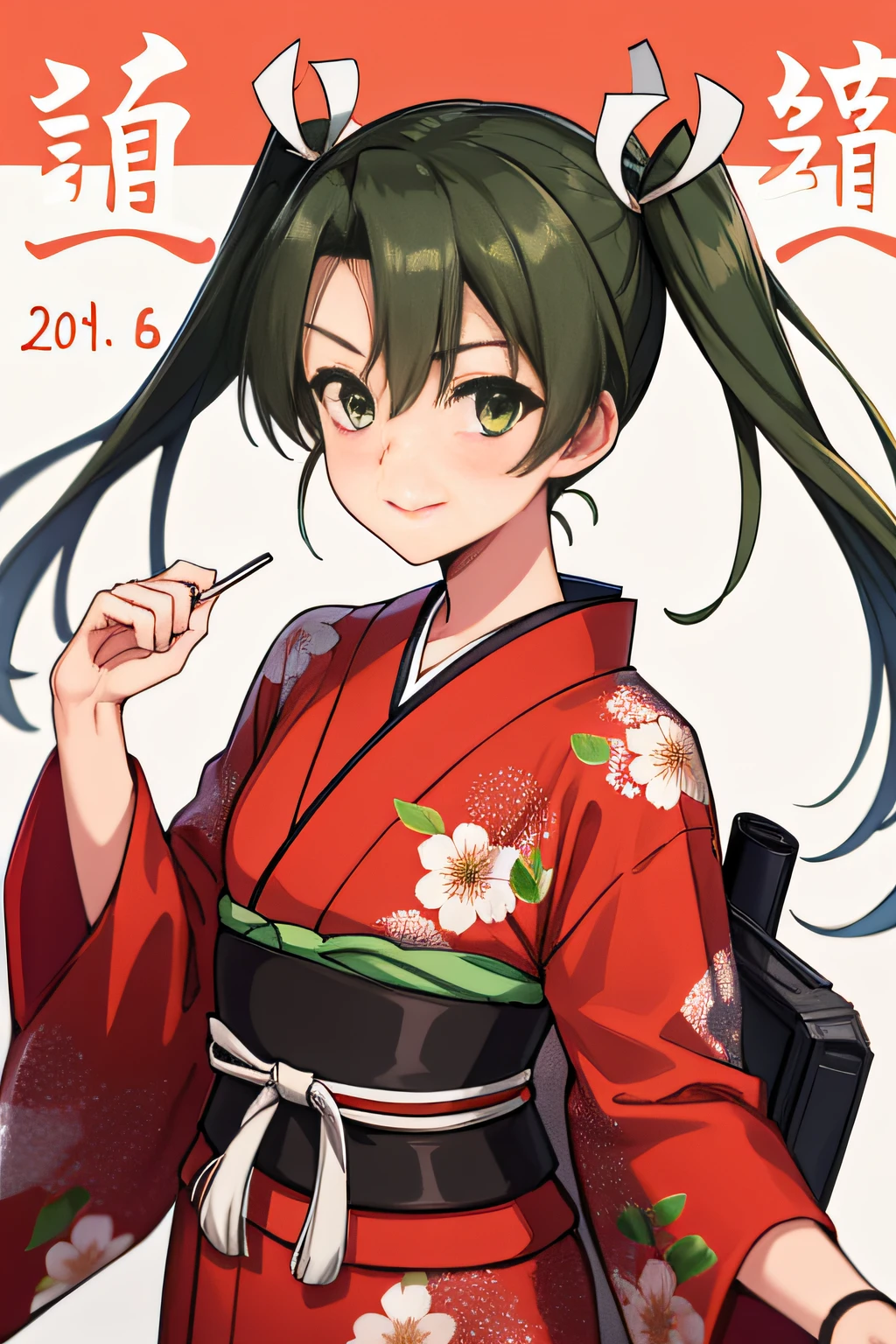 (masterpiece, best quality:1.2),illustration,8k,hd,1girl, long_hair,twintails,ribbon,hair_ribbon,green_hair,green_eyes,smile,white_ribbon, Zuikaku(kan), (newyear_costume), japanese_clothes, kimono, long_sleeves, wide_sleeves, obi, headgear, long hair, kimono, sash, floral print,