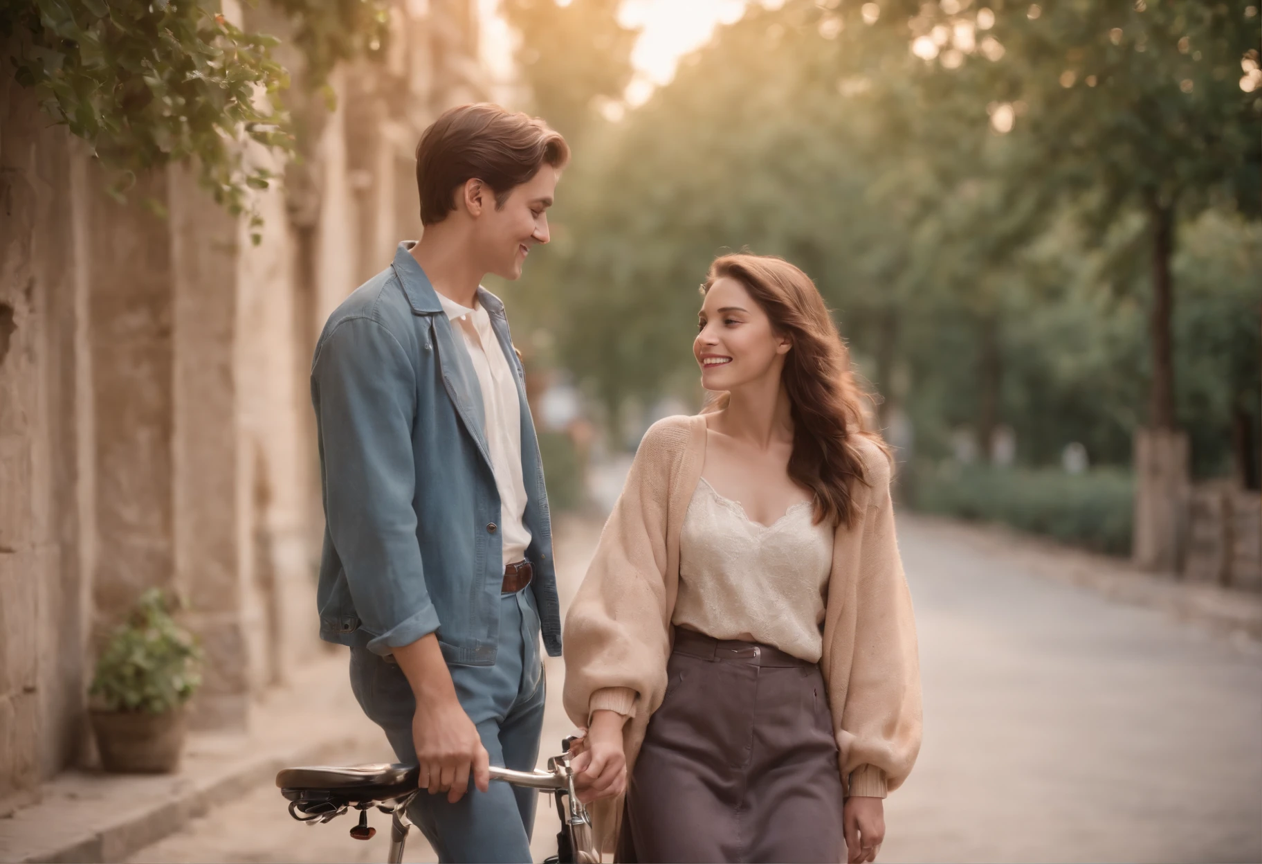 nostalgic, romantic, young couple, holding hands, bicycle ride, street scene, old buildings, vintage fashion, love letter, cassette tape, walkman, sunset, park bench, shy smiles, secret rendezvous, handwritten notes, sweet gestures, gentle touch, stolen glances, heartfelt conversations, first love, innocence, passion, simplicity, timeless, soft focus, warm colors, vintage filters, soft breeze, happy memories, hidden kisses, lingering hugs, simple pleasures, carefree, pure, genuine, love in the air, 80s soundtrack