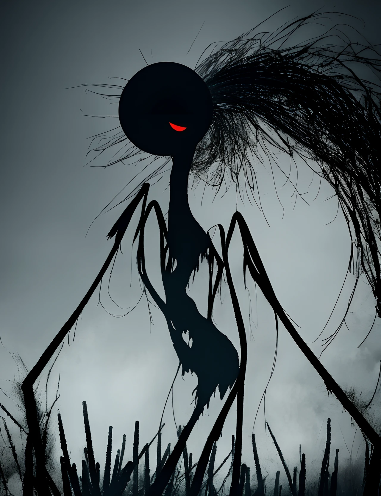 thin tall black figure creepy surreal, countless eyeballs, claws