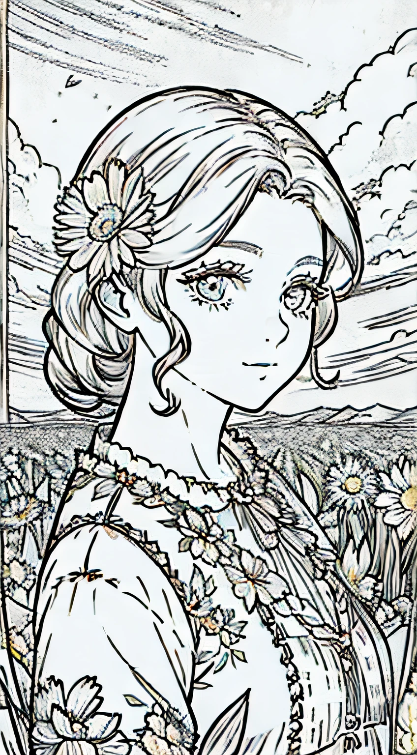 Woman looking at camera, (Flower Field), ((closeup)), portrait, clouds, line art