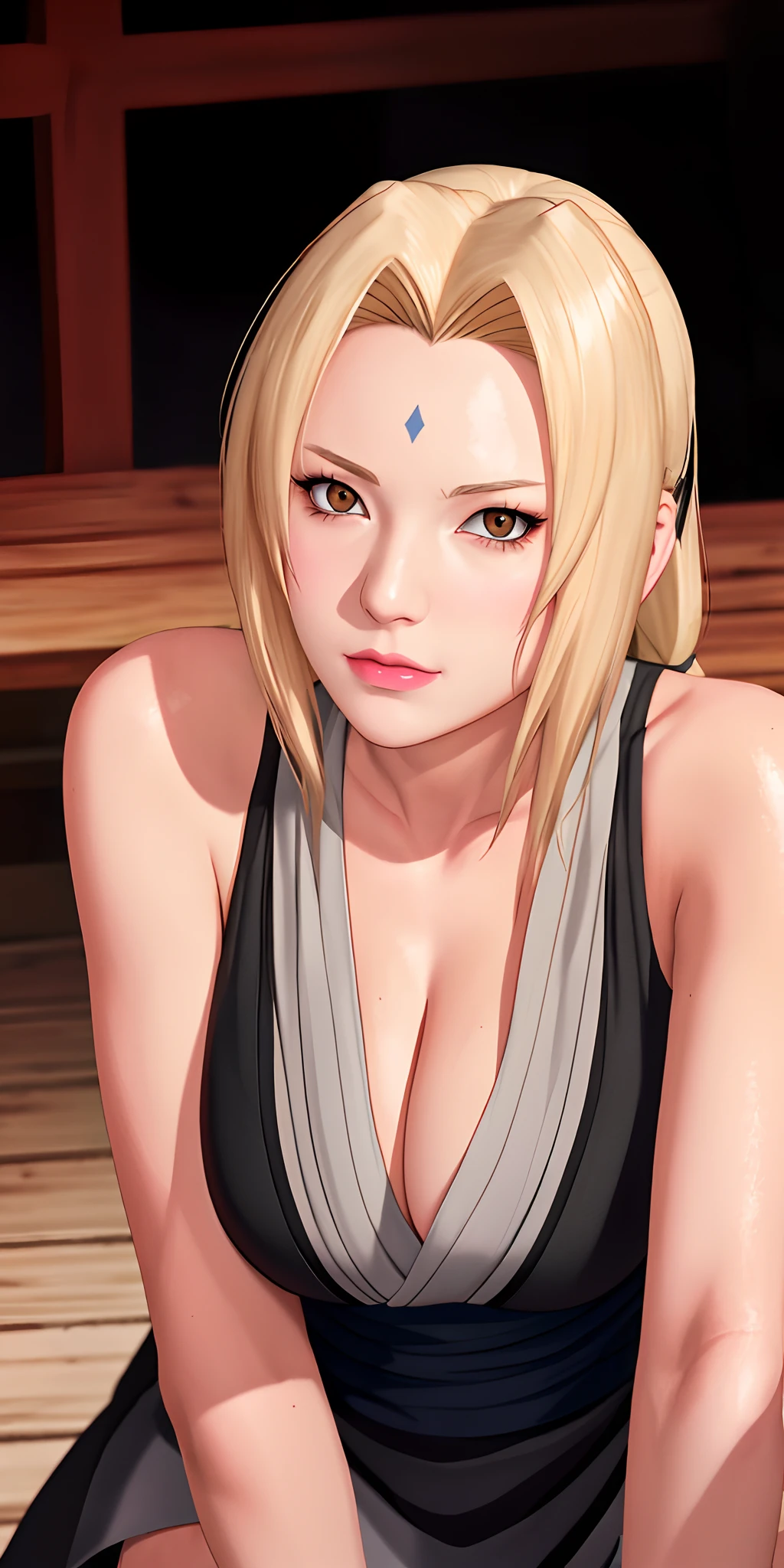 （（（ Tsunade_senju，Young and beautiful，Tall, Beautiful and fair，Perfect facial features，The facial features are tall and beautiful，with fair skin，with a good figure，heroic look，Tsunade, Blonde hair, Large breasts, Mature female,forehead mark，looking at viewert））），((Masterpiece)),A high resolution, ((Best quality))，tmasterpiece，top-quality，best qualityer，（（（ Exquisite facial features，looking at viewert, There is light in the eyes））），（（（Light and shadow interlace，huge boob，white skinned，laughingly，self-assured））），（（（Asian woman in black dress squatting on wooden floor, Ilya Kuvshinov. 4 k'', hyper realistic anime, Realistic anime 3 D style, Photorealistic anime, anime realism style, Anime realism, Realistic anime art style, realistic anime artstyle, Digital Art Ilya Kuvhinov, Kuvshinov Ilya, photorealistic anime girl rendering）））