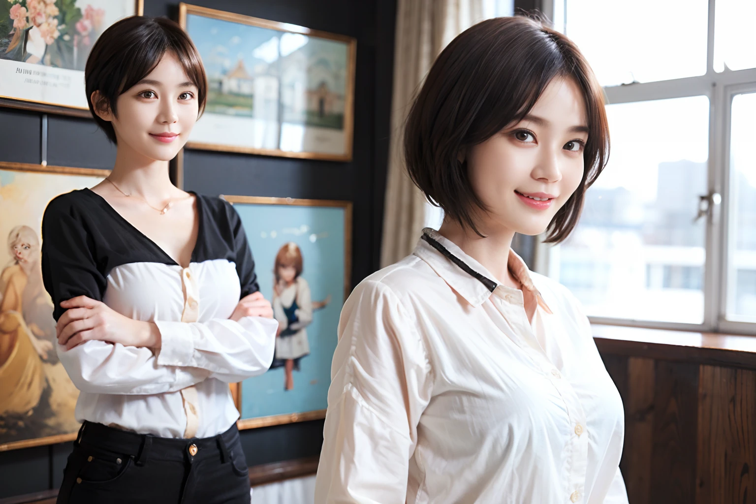 87
(a 20 yo woman,is standing), (A hyper-realistic), (masutepiece), ((short-hair:1.46)), (Smooth black hair), (Breast:1.0), (kindly smile), wear long pants, (Wearing a long-sleeved shirt), (Beautiful skin:1.5), (Big paintings)