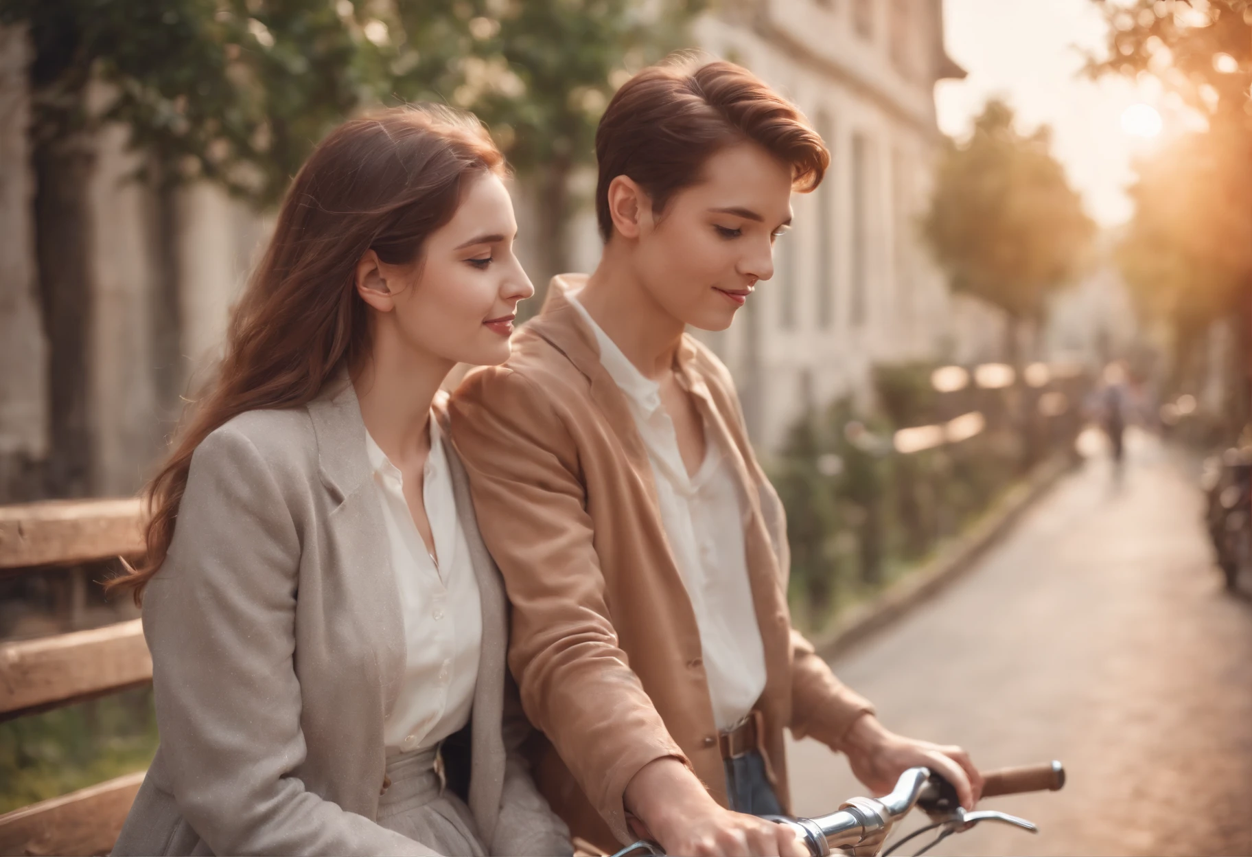 nostalgic, romantic, young couple, holding hands, bicycle ride, street scene, old buildings, vintage fashion, love letter, cassette tape, walkman, sunset, park bench, shy smiles, secret rendezvous, handwritten notes, sweet gestures, gentle touch, stolen glances, heartfelt conversations, first love, innocence, passion, simplicity, timeless, soft focus, warm colors, vintage filters, soft breeze, happy memories, hidden kisses, lingering hugs, simple pleasures, carefree, pure, genuine, love in the air, 80s soundtrack